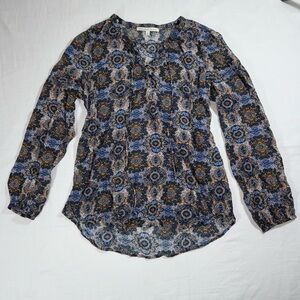 Boho Blue Medallion Paisley Lace Up Blouse Daniel Rainn Women's Small